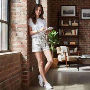 Shorts – Dickies – Beige/White – Tie‑Dye Cotton Casual Rolled Hem Logo Belt – 9